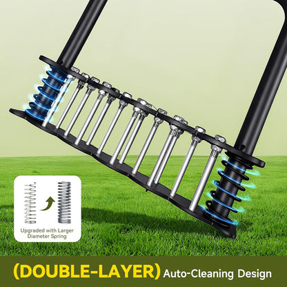 Upgraded Lawn Aerator Tool with 14 Steel Spikes, Hand Grass Aerator Spike Tool Manual Lawn Aerators with Spring-Loaded Design&Automatic Leaf and Dirt Cleaning for Yard, Garden Black