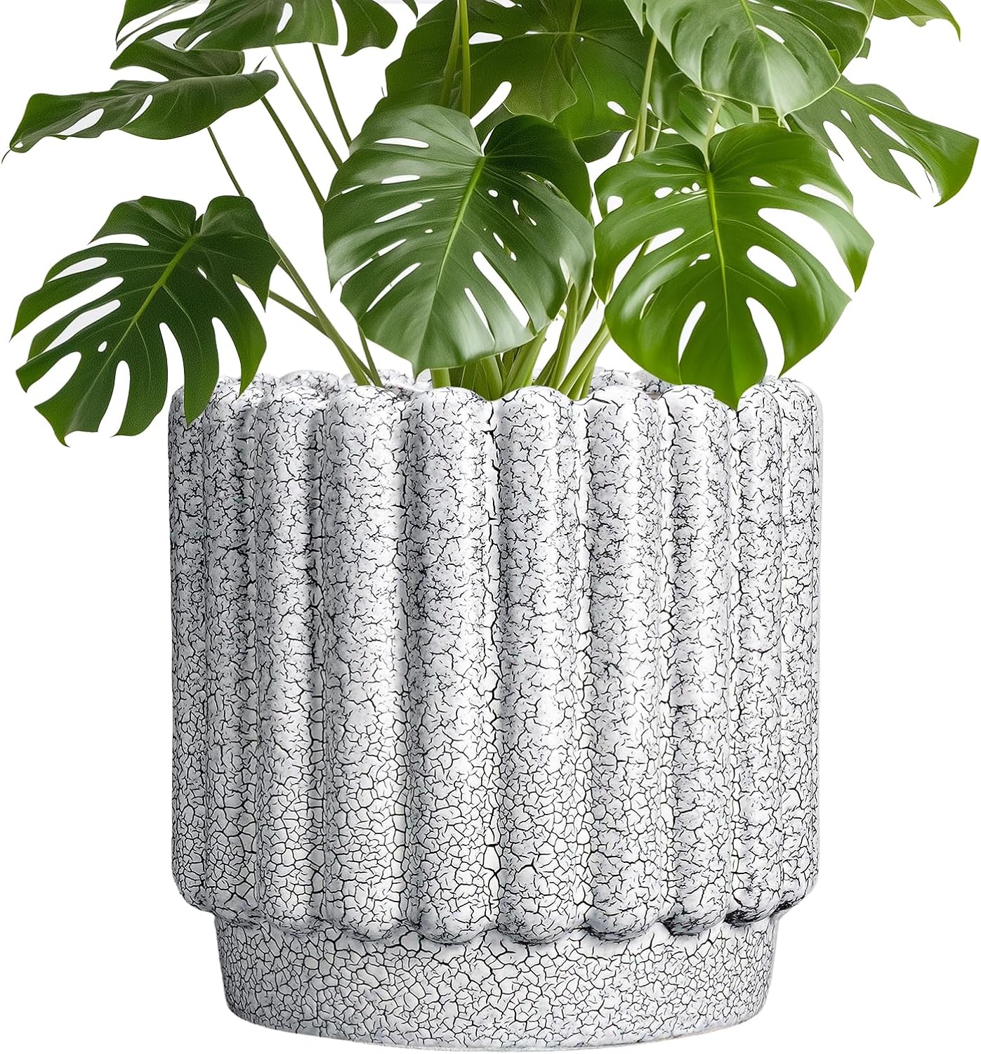 Ceramic Flower Pots - 9.6 Inch Indoor Planter, Decorative Ceramic Plant Pots with Drainage Hole, Fluted Round Large Planter Outdoor, Living Room Decor, Gifts for Women Men, Black and White