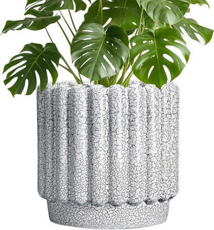 Ceramic Flower Pots - 9.6 Inch Indoor Planter, Decorative Ceramic Plant Pots with Drainage Hole, Fluted Round Large Planter Outdoor, Living Room Decor, Gifts for Women Men, Black and White