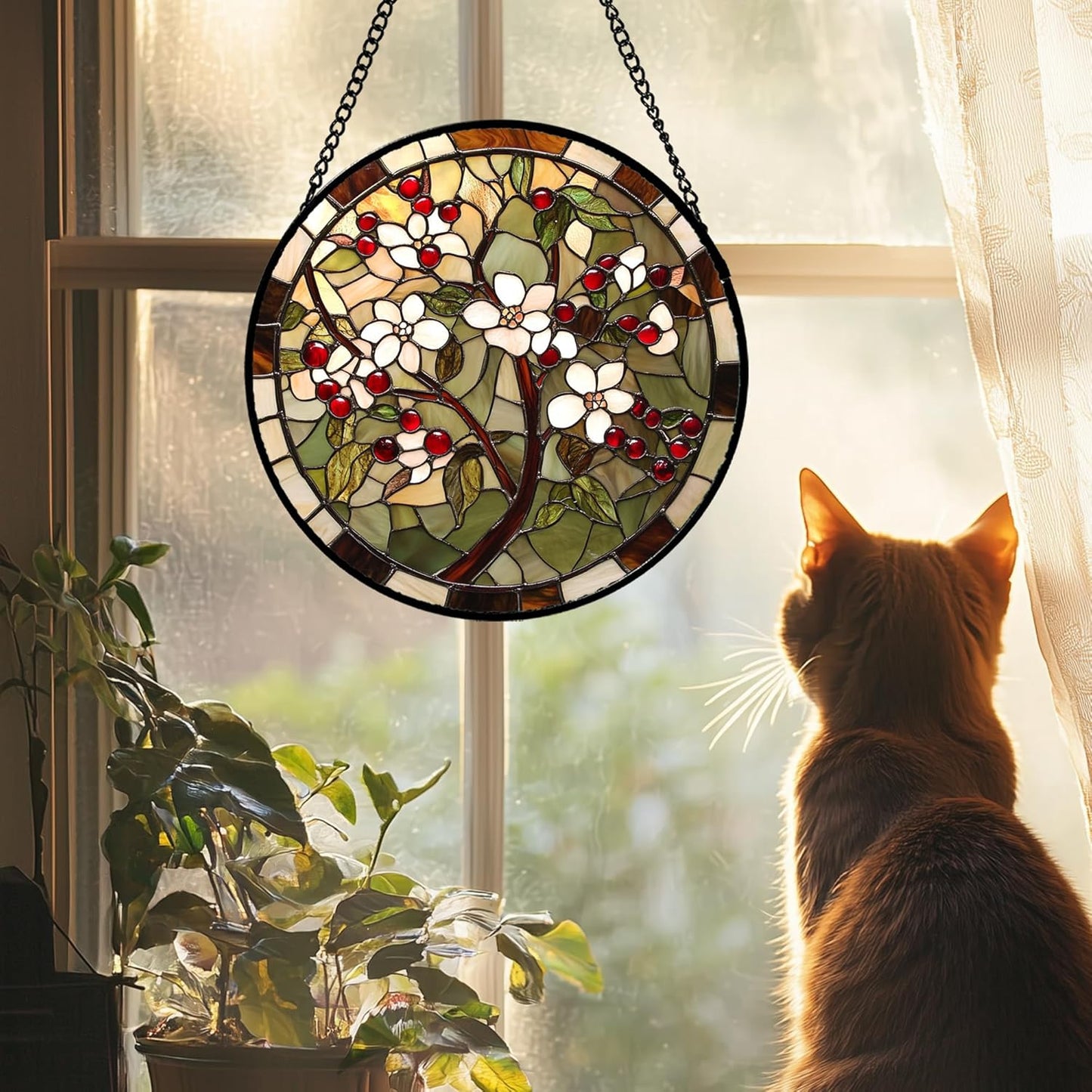 CRIS GIF Stained Glass Window Hanging - Hawthorn Tree Birth Flowers Suncatcher for Doors Garden Patio Sun Catchers Decor Christmas Mother's Day Birthday Gifts for Women Men Mom Nana Friend 9.8 in