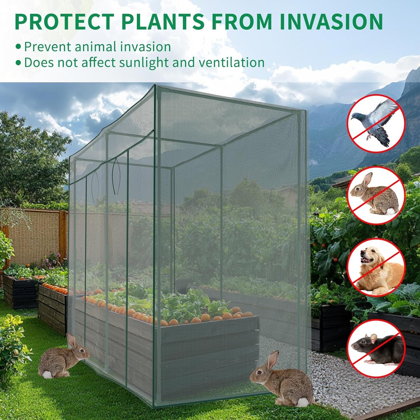 SUNYRISY Garden Plant Netting Crop Cage for Garden Raised Bed, 6.5 x 3.3 x 6 Ft Plant Cover Cage Protectors from Animal for Outdoor Plants with Frame and Zippered Door