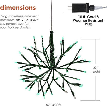 Alpine Corporation 10" H Indoor Christmas Twig 3D Hanging Snowflake Ornament with LED Lights, Green, Christmas Decoration (Pack of 4)
