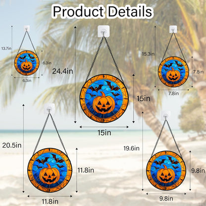 Stained Glass Window Hanging - Halloween Evil Pumpkin Suncatcher for Doors Window Garden Indoor Spooky Brown Bat Sun Catchers Gothic Decor Horror Gifts for Women Men Friend Boy Girl 11.8 in