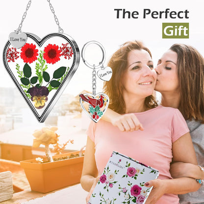 KY&BOSAM Heart Suncatcher I Love You Stained Glass Wind Chime for Windows Pressed Flower Between Heart in Glass and Metal Engraved Charm Birthday Gift for Women Mom Mother's Day Valentine's Christmas