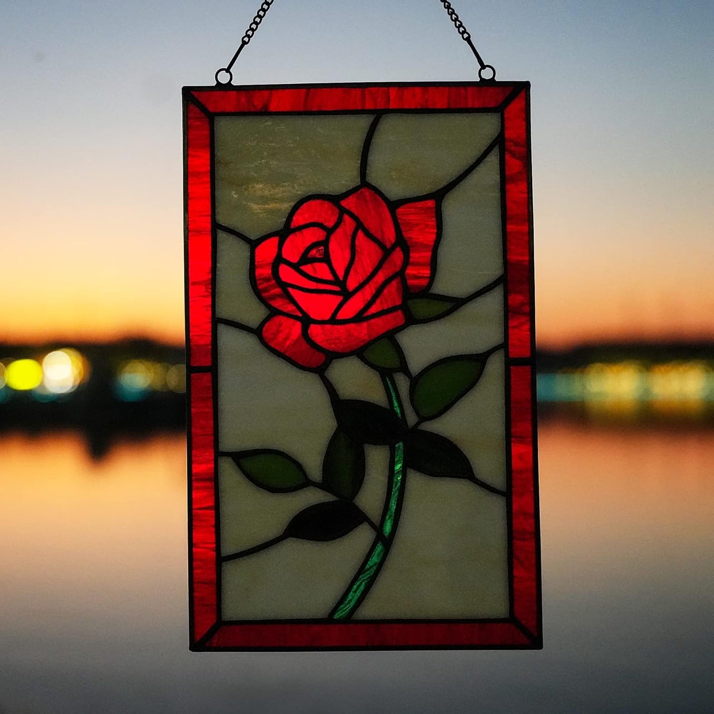 Red Rose Flower Stained Glass Window Hanging,Valentines Day Rose Gifts for Wife Girlfriend,Birthday Gift for Women, Mom, Grandma, Aunt, Sister