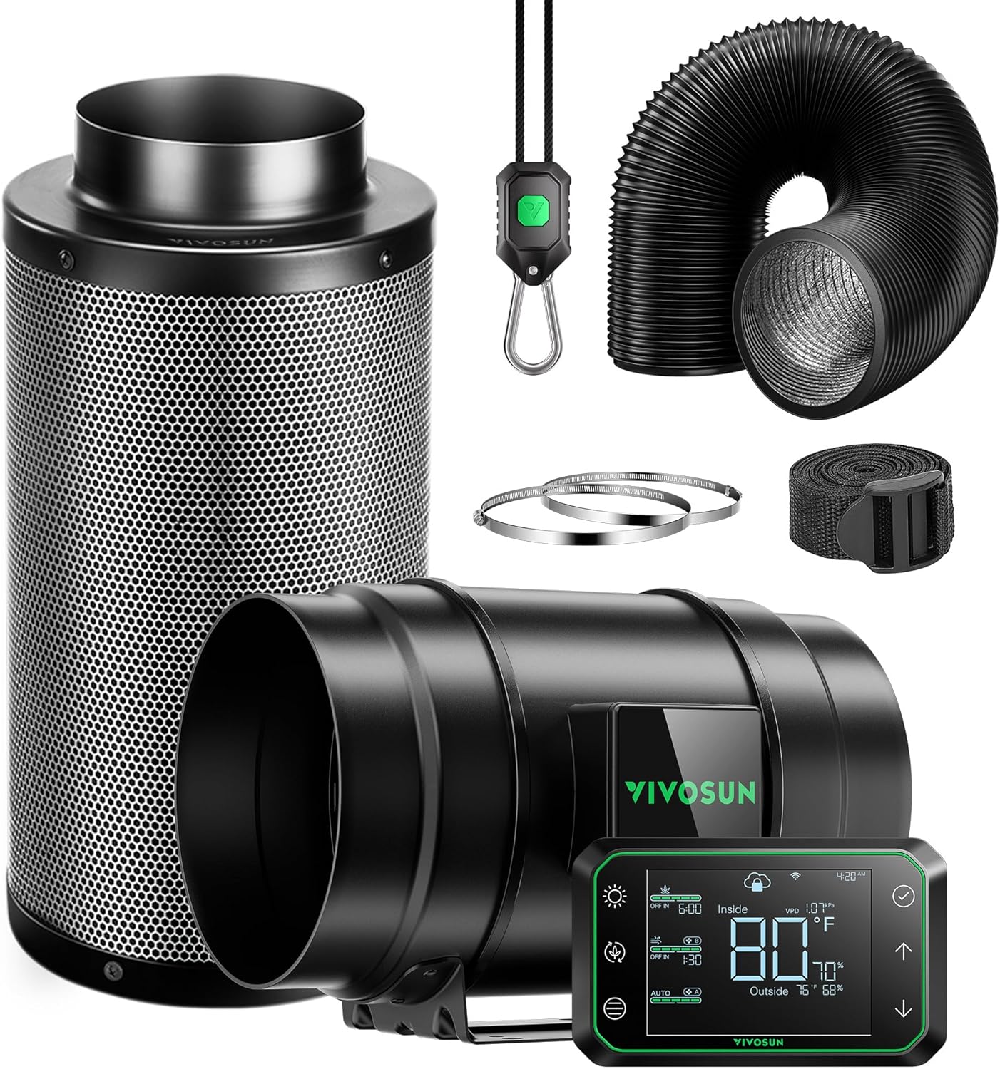 VIVOSUN Smart Air Filtration PRO G8 Kit 8", AeroZesh G8 Inline Duct Fan w/GrowHub E42A Temp. Humidity WiFi-Controller, Carbon Filter & Ducting, Cooling & Ventilation System for Grow Tent, Hydroponics