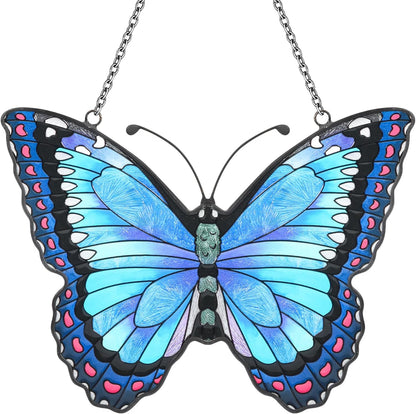 Blue Butterfly Suncatcher Stained Glass Window Hanging Butterfly Ornaments Gift for Mom, Women, Wife, Mother's Day (Blue)