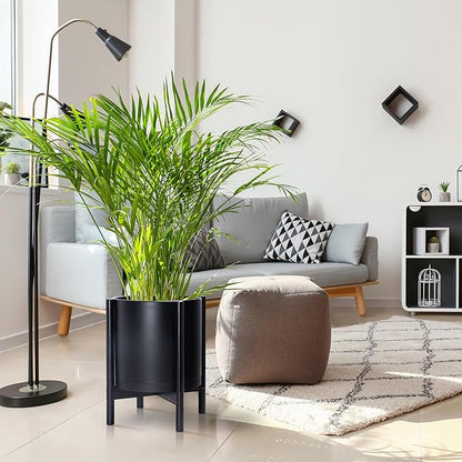 D'vine Dev Planter Pot with Stand - 14 Inch Plastic Cylinder Flower Pot with Wood Planter Holder for Indoor, Matte Black Pot + Ebony Stand, 55-C-T-2