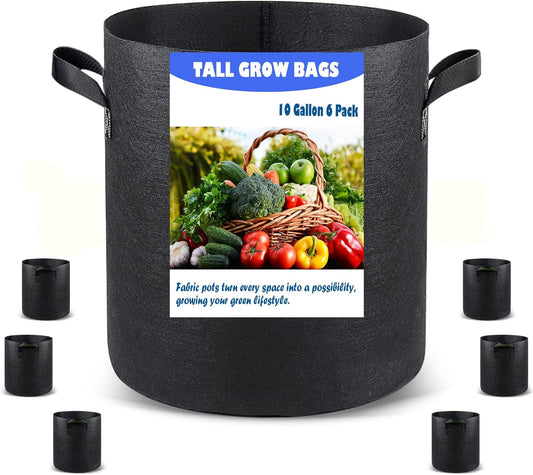 10 US Gallon 6 Pack Tall Grow Bags for Vegetables, Heavy Duty Nonwoven Aeration Fabric Deep Grow Pots with Handles