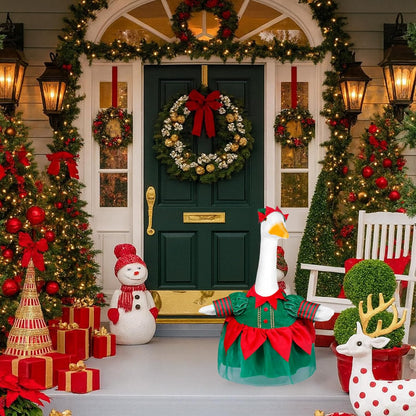 Christmas Porch Goose Outfit Dresses Clothes for 23" High Cement or Plastic Porch Goose Costume for Yard Lawn Outdoor Garden Patio Statue Xmas Santa Holiday Decor