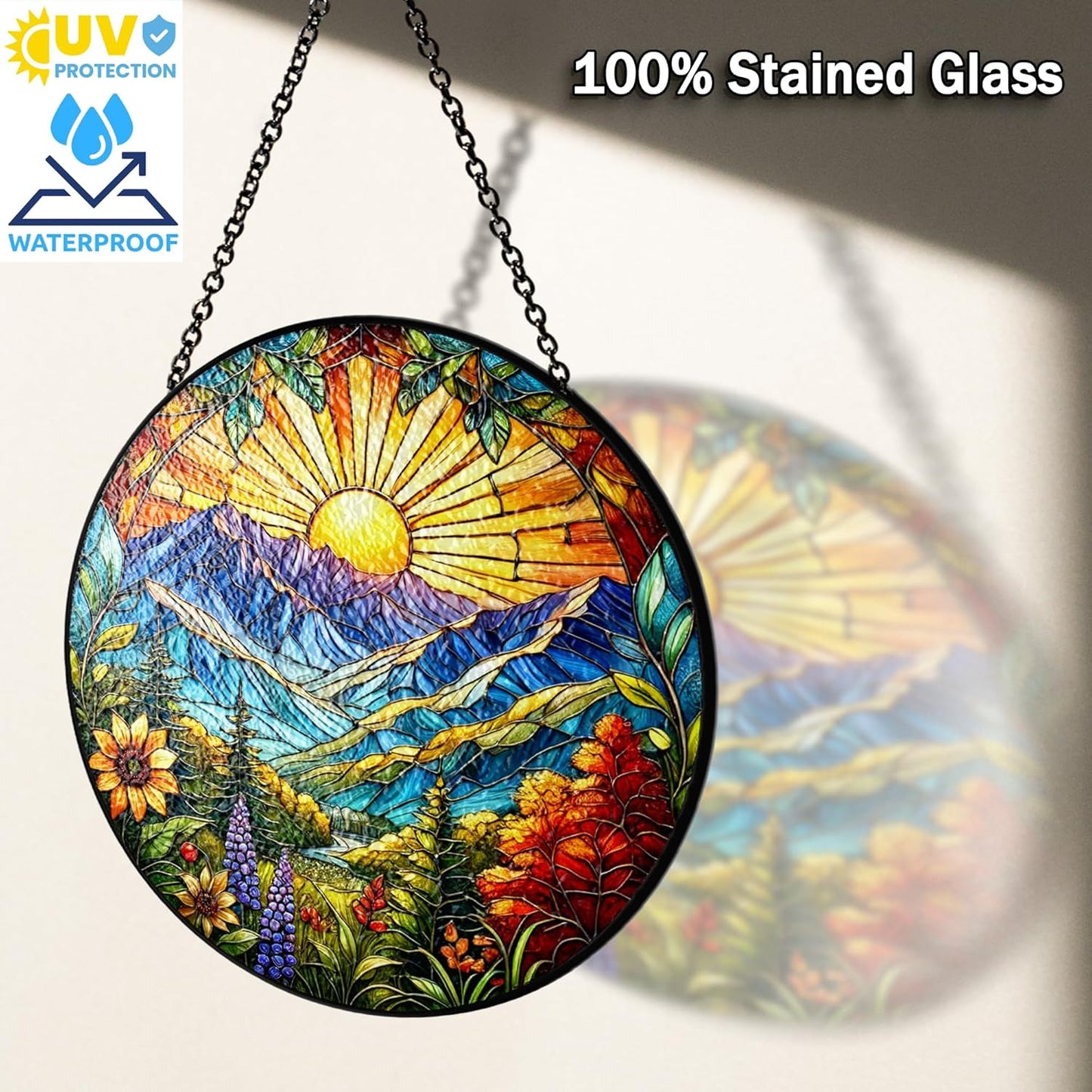 7.8" Sun Mountains Stained Glass, Suncatcher for Window Hanging, Suncatcher Art Decor for Home Garden Housewarming, Natural Scenery Gift for Mom, Grandma, Women, Friends, Couples ART-05E-SG8