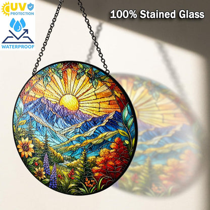 7.8" Sun Mountains Stained Glass, Suncatcher for Window Hanging, Suncatcher Art Decor for Home Garden Housewarming, Natural Scenery Gift for Mom, Grandma, Women, Friends, Couples ART-05E-SG8