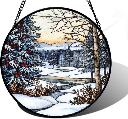 Stained Glass Window Hanging, Winter Snow Landscape Suncatcher Diamond Glass Panel Sun Catchers Decor for Birthday for Women, Men, Wife, Aunt, and Mom 7.8 in