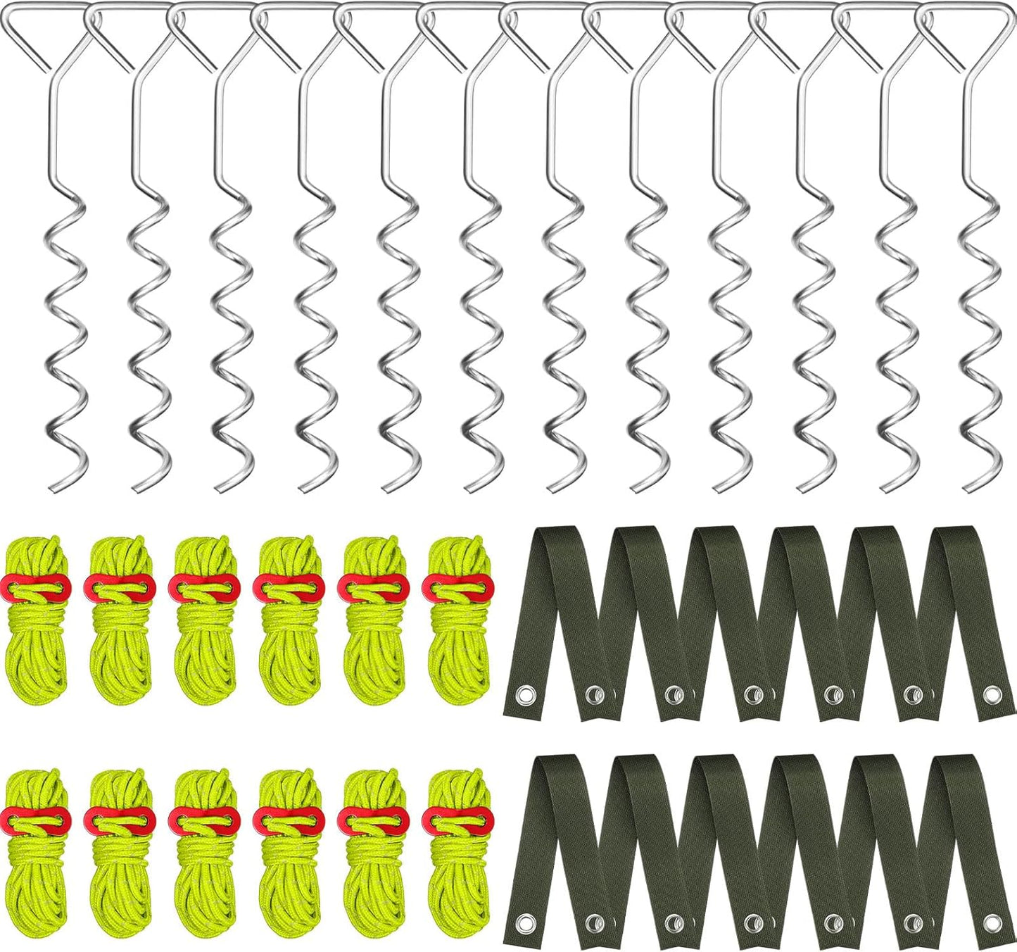 Sintuff 12 Set Tree Stakes and Supports Kit for Anti Hurricane Leaning Trees Straightening Heavy Duty 15. 75" Spiral Tree Stake with 13. 12 ft Ropes and 15. 75'' Support Straps (Bright Green)