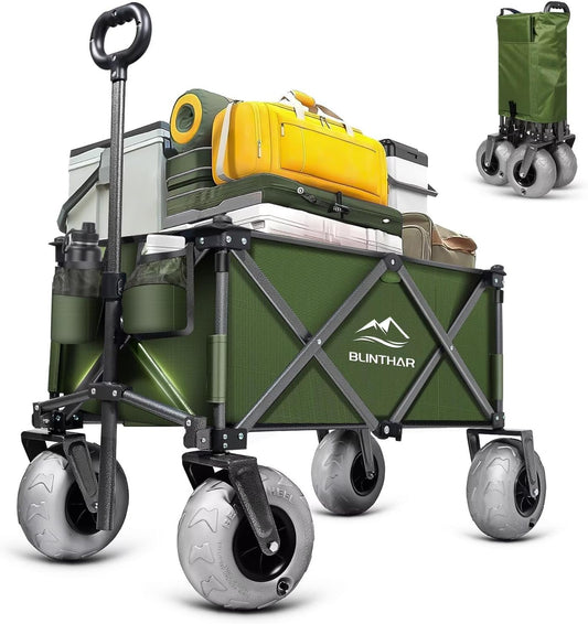 Beach Wagon with Big Wheels for Sand, Heavy Duty Harder Sand Collapsible Folding Wagon with