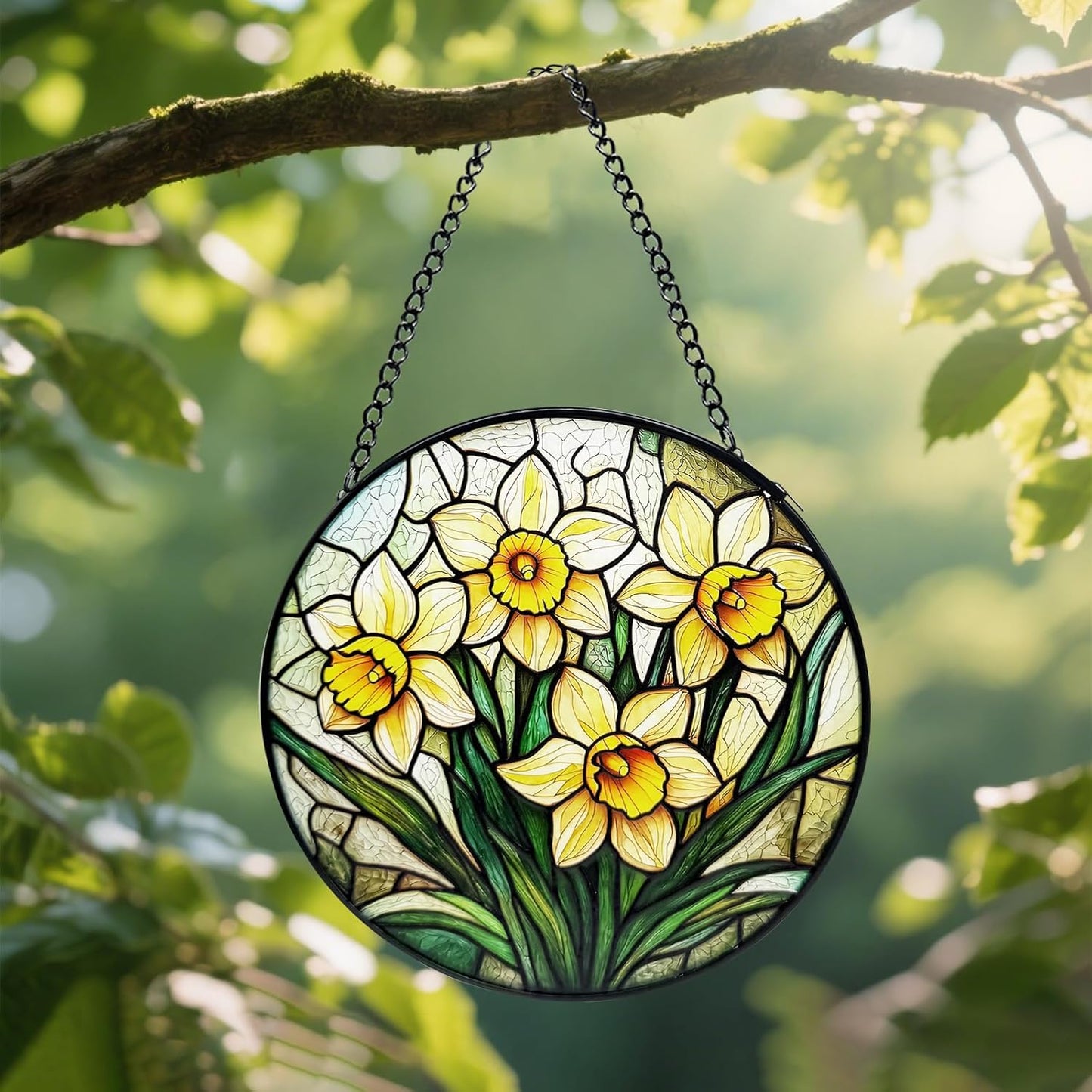 Stained Glass Window Hanging, Daffodil Flower Diamond Glass Panel Suncatcher Plant Sun Catchers for Home Garden Balcony Window Wall Decor, Gifts for Women,Mom (7.8 Inch)