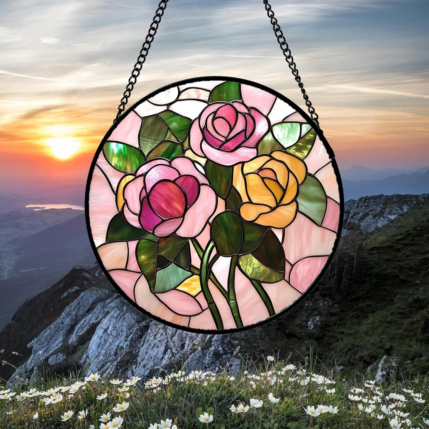 Stained Glass Window Hanging 4 Pcs Set Pink Floral Theme 7.8" - Flowers Suncatcher Door Garden Sun Catcher Decor Birthday Christmas for Mom Woman Nana Men Friend