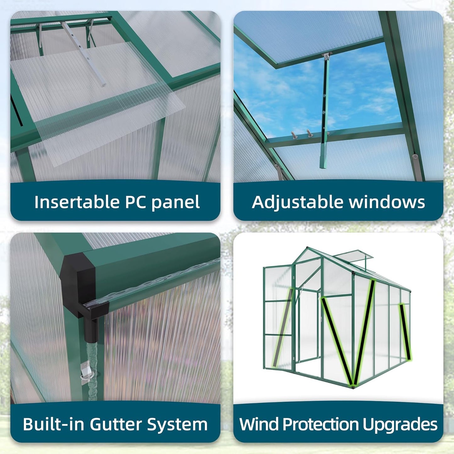 86in High 6*10.2FT Greenhouse for Outdoors, Polycarbonate Greenhouse with Stronger Wind Protection and Roof Vent, Walk-in Large Aluminum Sunroom Winter Proof, Green