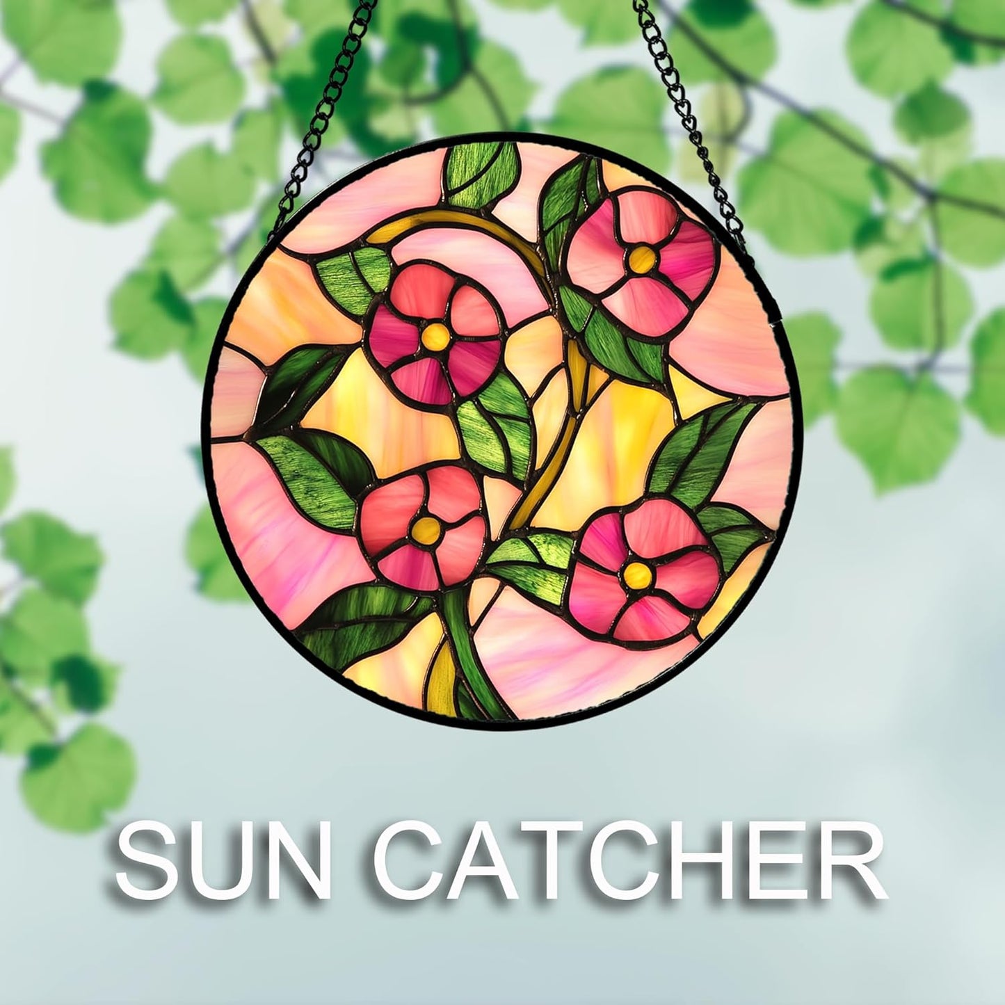 Stained Glass Window Hanging 4 Pcs Set Pink Floral Theme 9.8" - Flowers Suncatcher Door Garden Sun Catcher Decor Birthday Christmas for Mom Woman Nana Men Friend