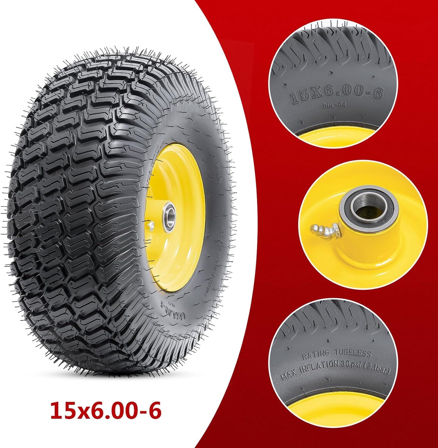 15x6.00-6(4PR) Tubeless Tire and Wheel, 15-Inch Replacement Pneumatic Tires and Wheel with 3/4" Bearings Compatible with Hand Truck, Wheelbarrow, Wagon, Gorilla Carts (Yellow, 2PCS)