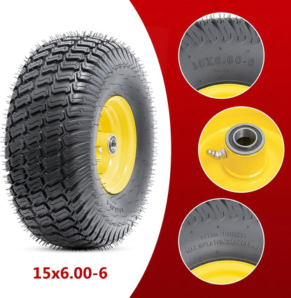 15x6.00-6(4PR) Tubeless Tire and Wheel, 15-Inch Replacement Pneumatic Tires and Wheel with 3/4" Bearings Compatible with Hand Truck, Wheelbarrow, Wagon, Gorilla Carts (Yellow, 2PCS)
