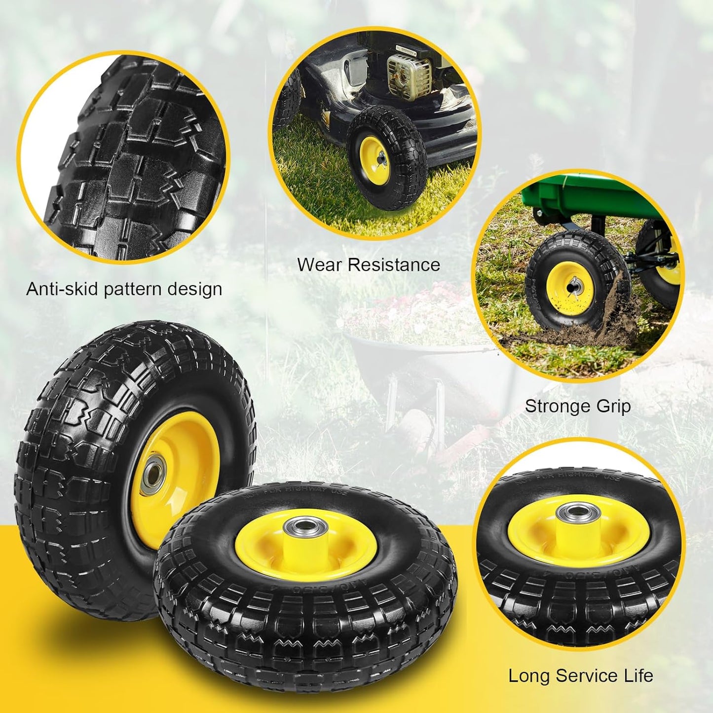 10 Inch Soild Rubber Dolly Tire Wheels, 4.10/3.50-4" Tire and Wheel Flat Free for Garden Carts, 5/8" Bearings,2.1"Offset Hub for Hand Truck, Gorilla Cart, Wheelbarrow Metal (4 Packs)
