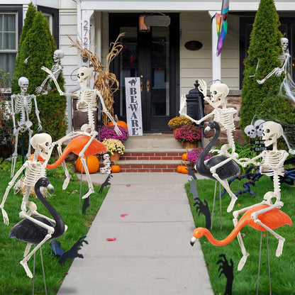 Geelin 12 Pcs Halloween Skeletons Flamingo Yard Decorations Skeleton Black Orange Buzzards Stakes for Halloween Lawn Garden Outdoor Party Decorations