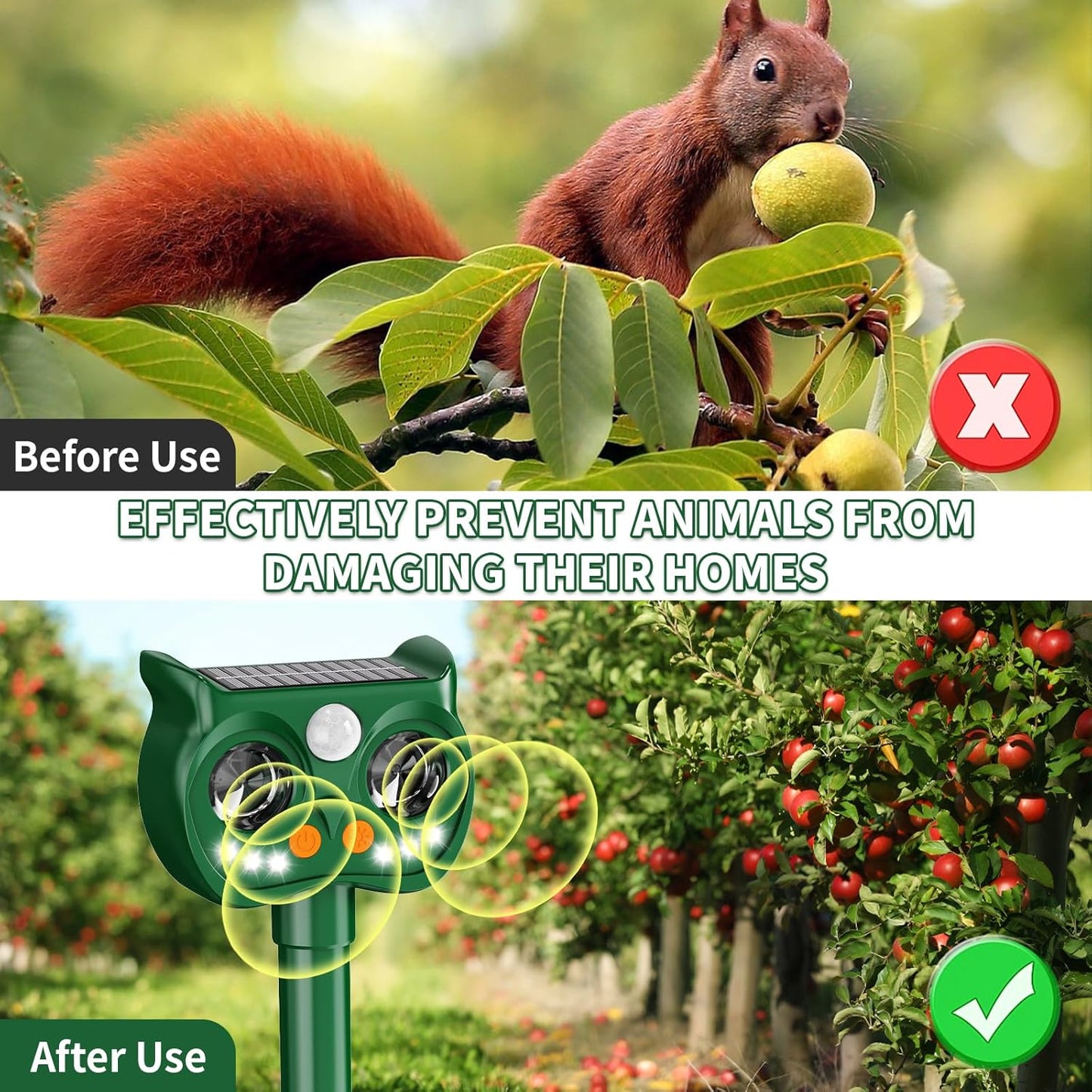 2 Pack 2025 Upgraded Solar Ultrasonic Animal Repellent Outdoor – Motion Activated Deer, Squirrel, Cat, Raccoon, Dog & Bird Deterrent with Multi-Frequency LED Strobe & Ultrasonic Sweep for Yard Garden