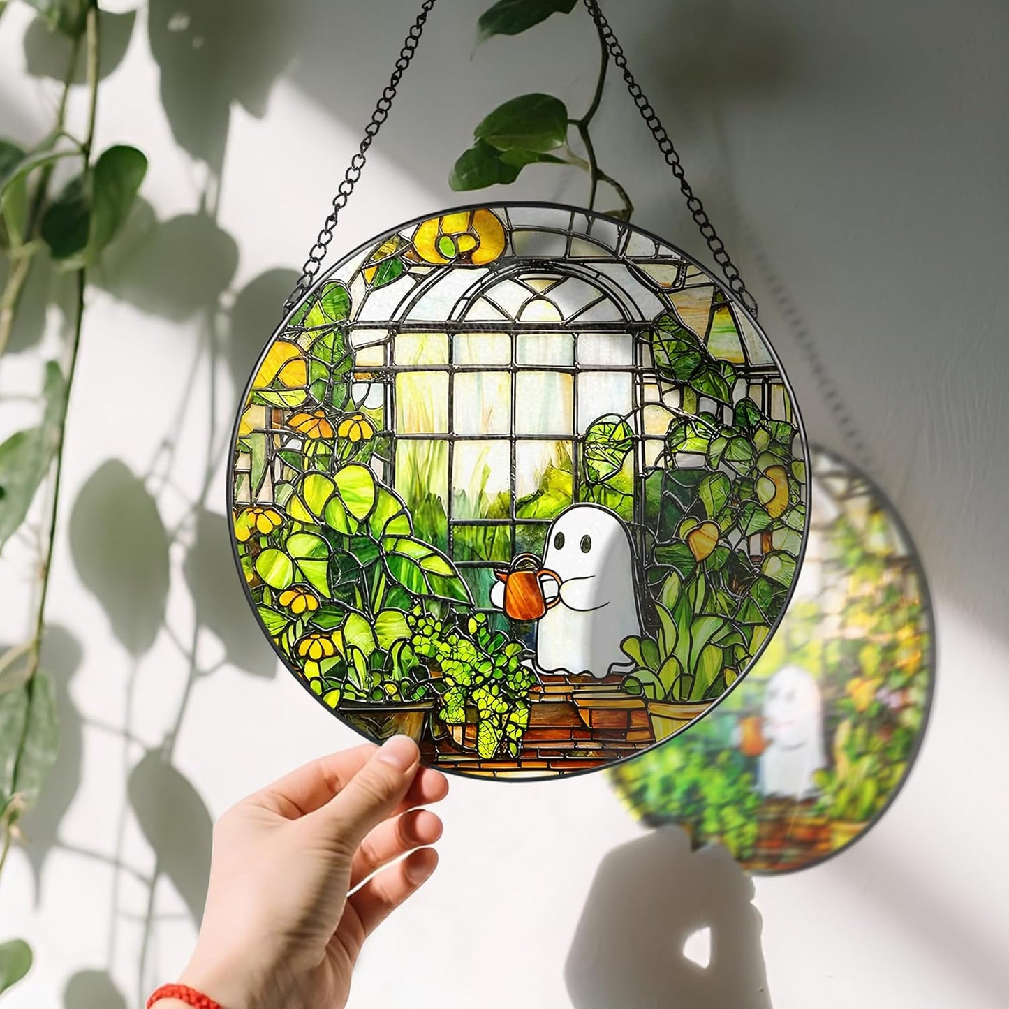 8'' Halloween Ghost Greenhouse Sun Catcher Ornament, Stained Glass Window Hanging, Sun Catchers for Windows Hanging Ornaments, Window Decor, Holiday Present, Ideal Gift | Plant Lovers Gifts