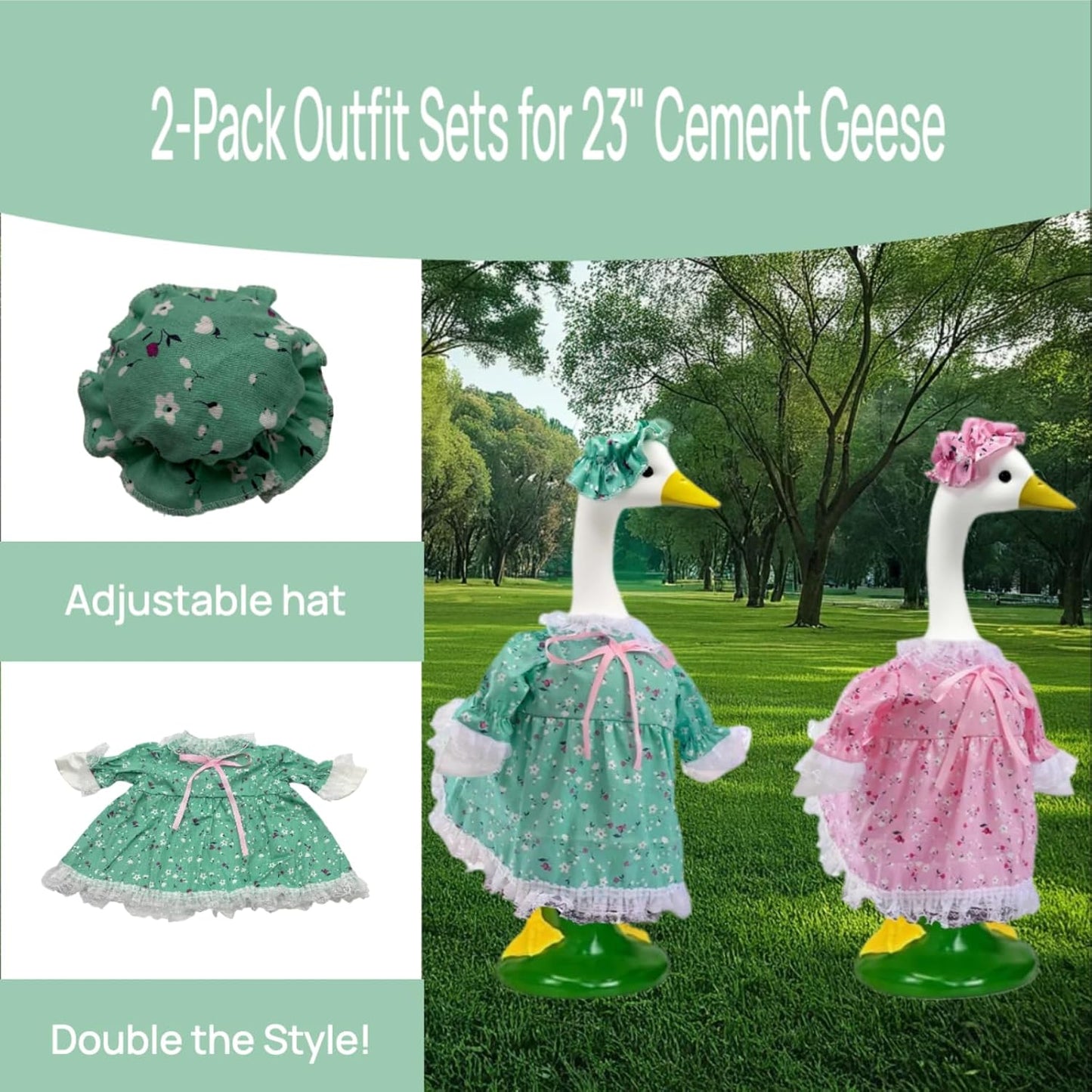 2-Pack Porch Goose Outfits for 23" Porch Goose- Lace Design Dress & Hat Set, Garden & Lawn Porch Goose Clothing for Patio Yard Lawn Decor (Green + Pink)