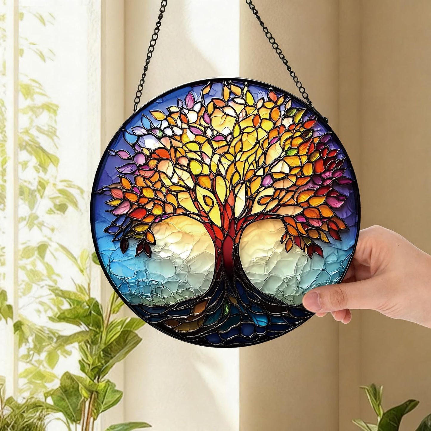 Colorful Tree of Life Suncatcher -7.9 in Stained Glass Window Hanging Sun Catcher Garden Decor