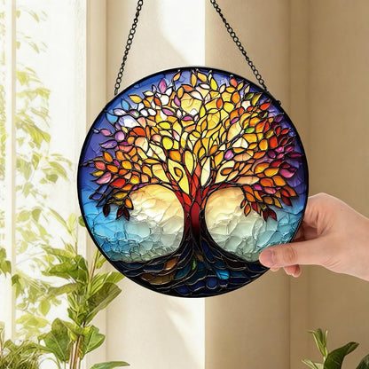 Colorful Tree of Life Suncatcher -7.9 in Stained Glass Window Hanging Sun Catcher Garden Decor