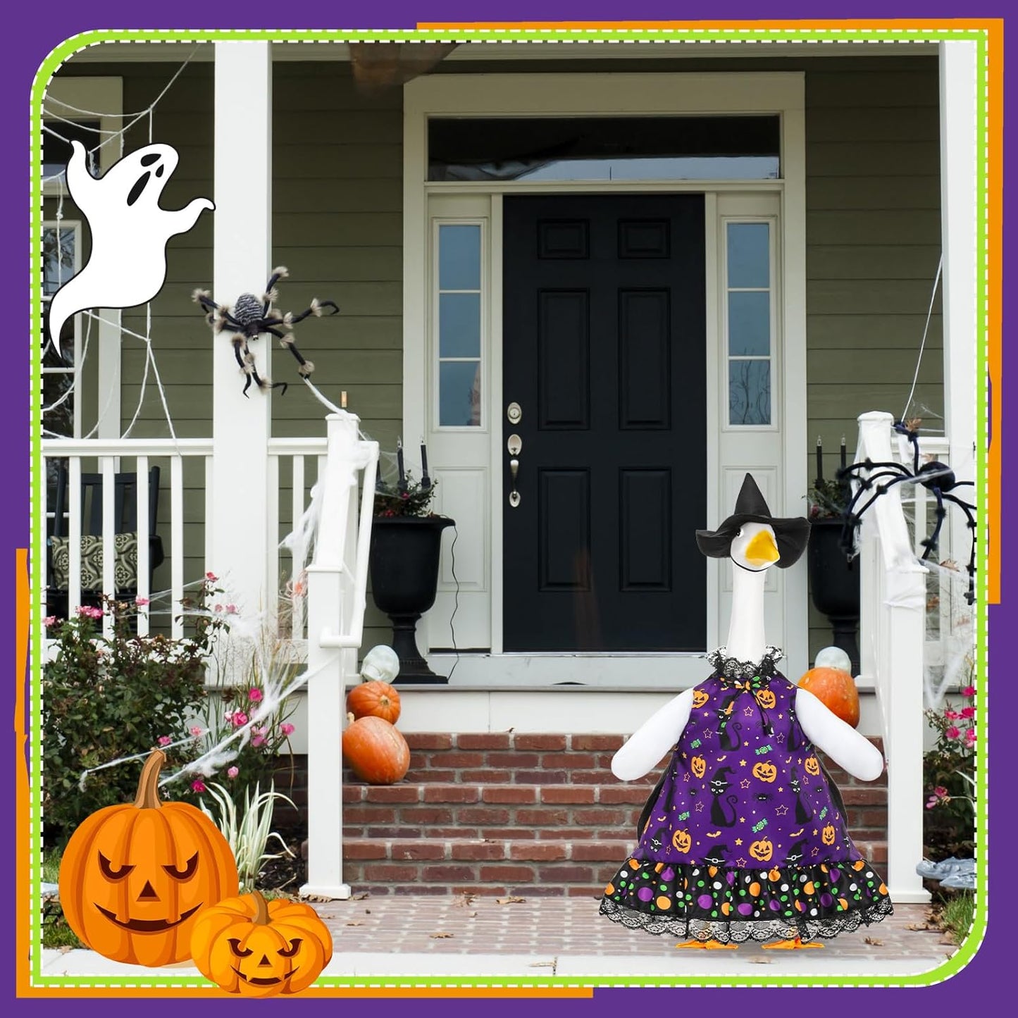 Halloween Porch Goose Outfit Set for 23'' Plastic Lawn Goose Statue Clothes Witch Skirt Halloween Costume for Outdoor Patio Yard Lawn Art Decor