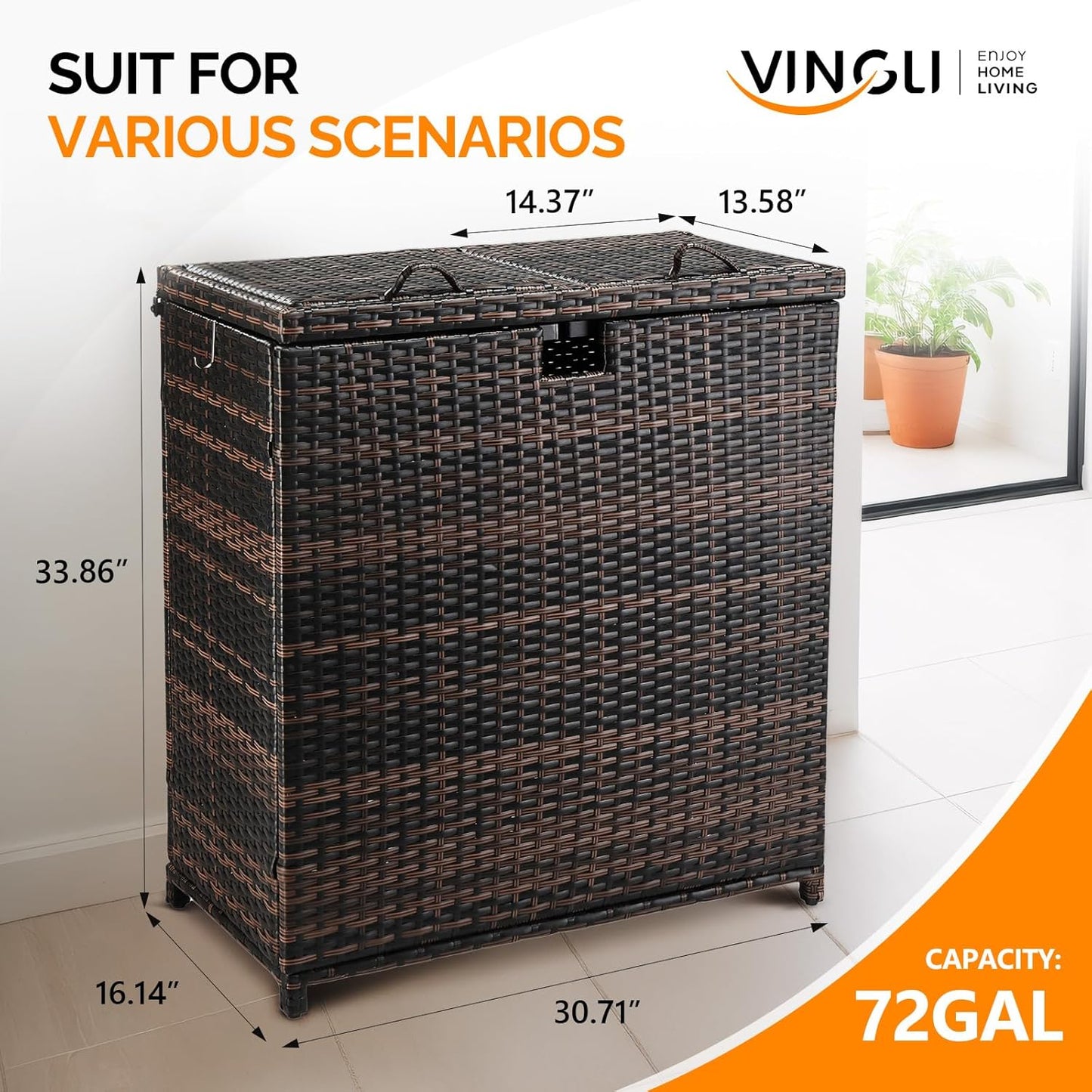 VINGLI 72 Gallon Outdoor Trash Can with Convenient Lid, Rattan Garbage Container with Side Hook, Weatherproof Patio Trash Can for Graden, Yard, Patio, Brown