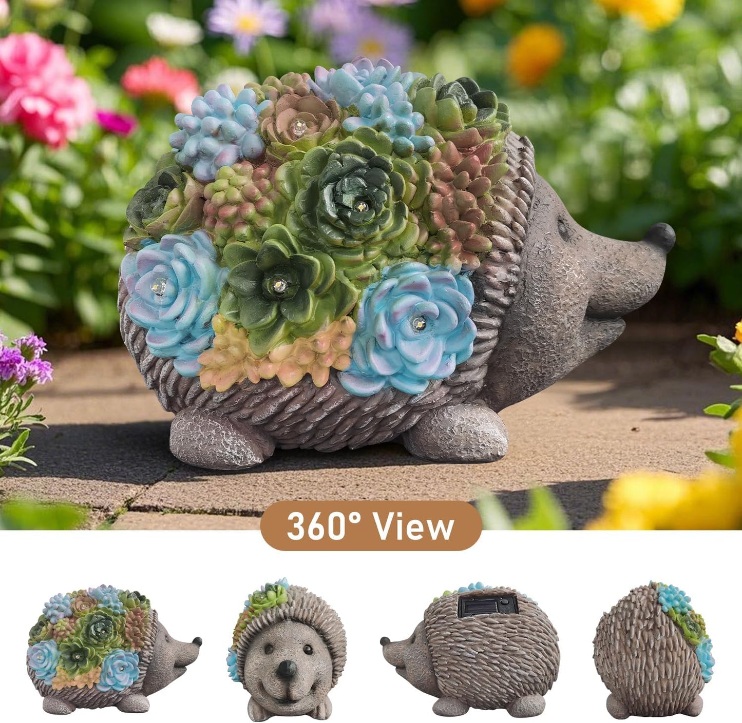 J.CARP Outdoor Solar Garden Hedgehog Statue with Succulents and 7 LED Lights, Decorations for Garden, Patio, Lawn, Outdoor Yard and Deck, Unique Housewarming Gifts
