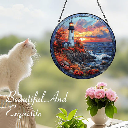 Coastal Lighthouse in Autumn Suncatcher -7.9 in Stained Glass Window Hanging Sun Catcher Garden Decor