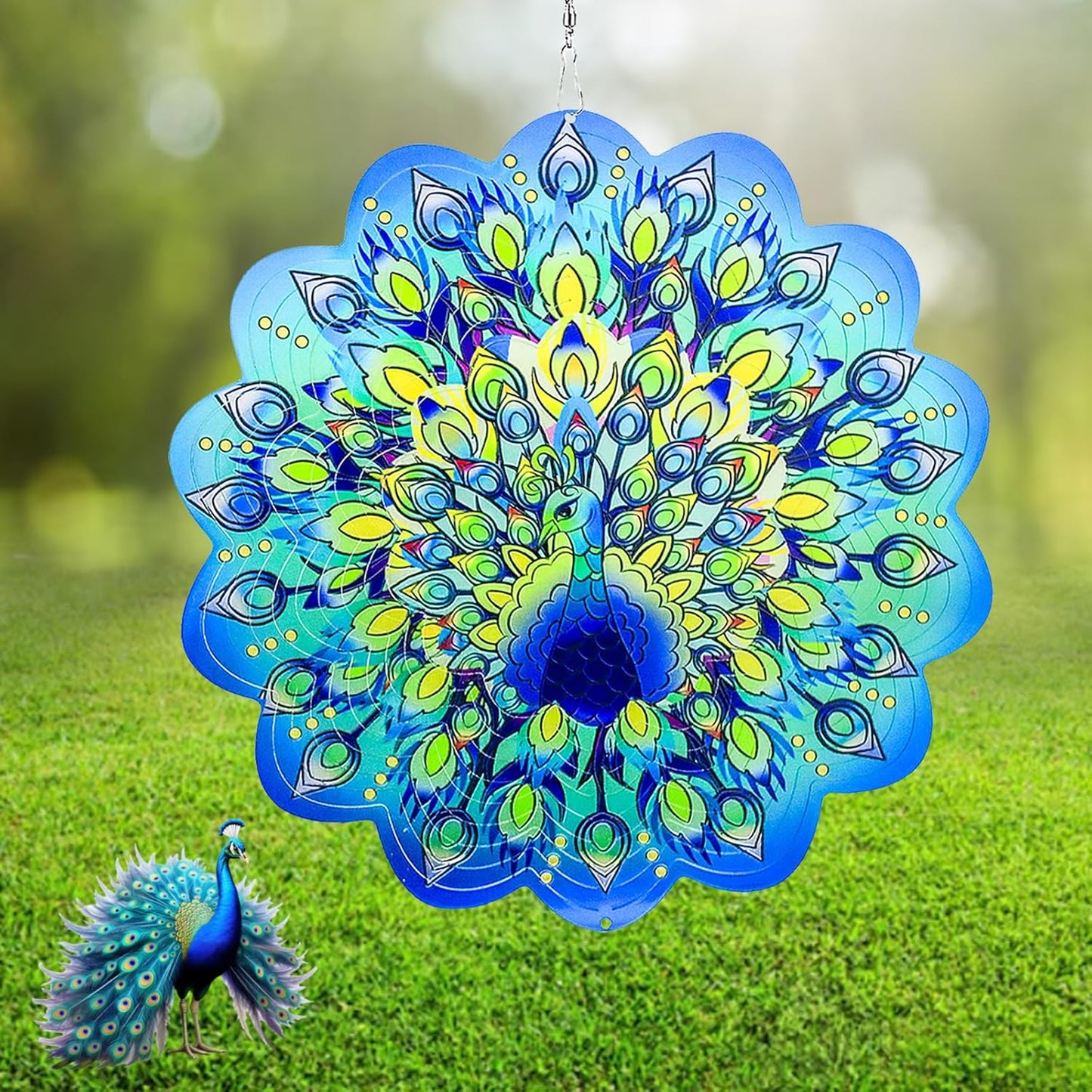 Peacock Wind Spinners Outdoor Hanging Decor - 12 Inch Peacock Garden Decor for Outside, 3D Stainless Steel Metal Wind Spinners, Yard Decorations Outdoor Gardening Gifts for Women