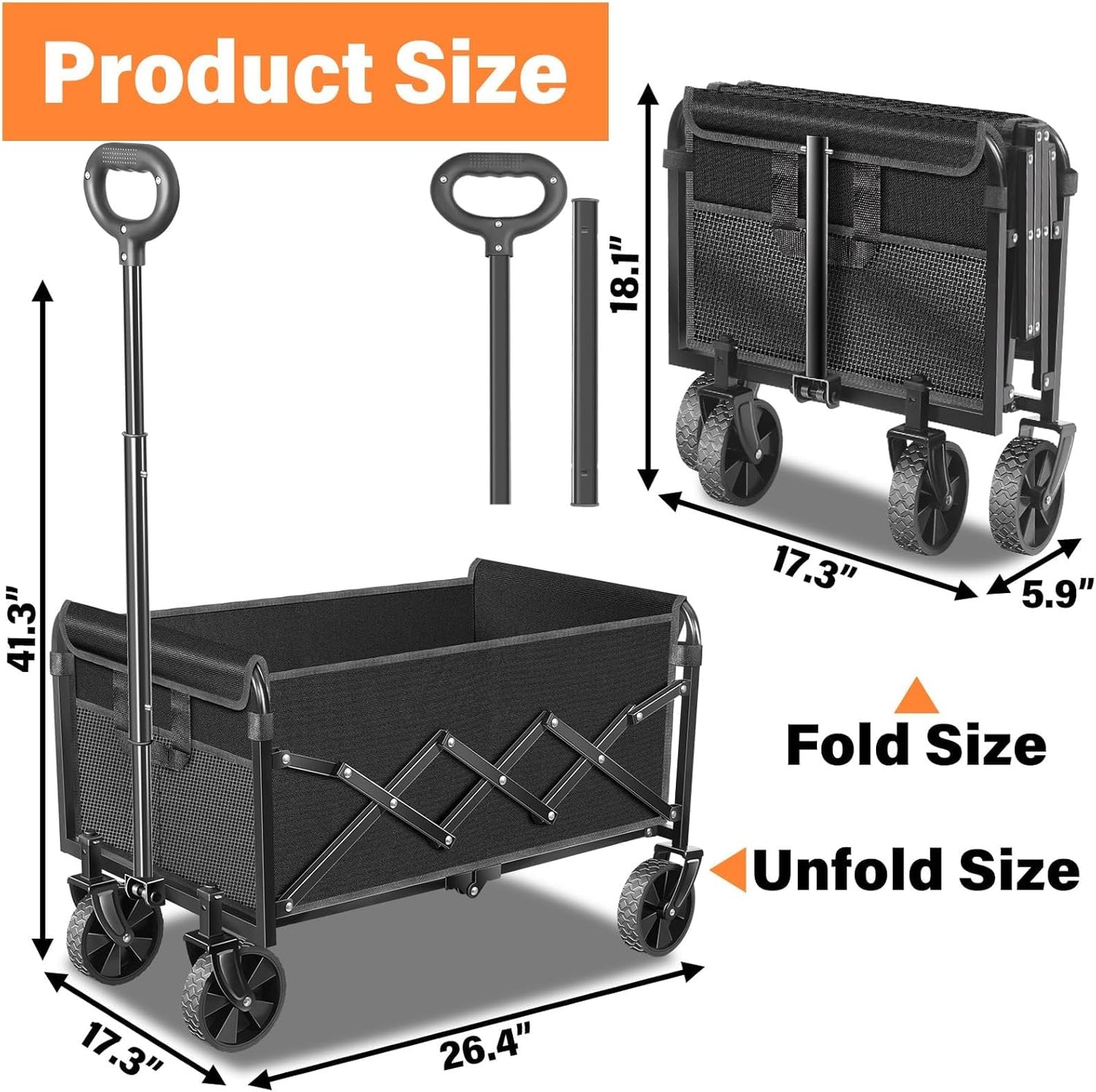Wagons Carts Foldable, Collapsible Wagon Cart with Wheels - Beach Wagon Cart with Wheels for Sand Sports Camping Grocery, Black
