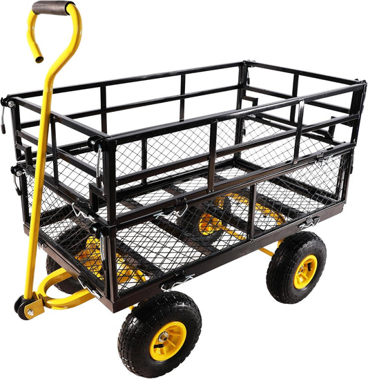 Heavy Duty Garden Wagon with Foldable Sides, Pneumatic Tires, Adjustable Handle (Yellow + Black