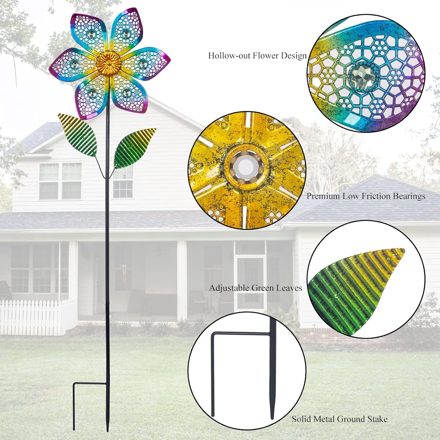 Wind Spinner with Metal Stake, Outdoor Garden Pinwheels Spinners Hollow-Out Flower Shape Design for Yard Lawn Patio Decor