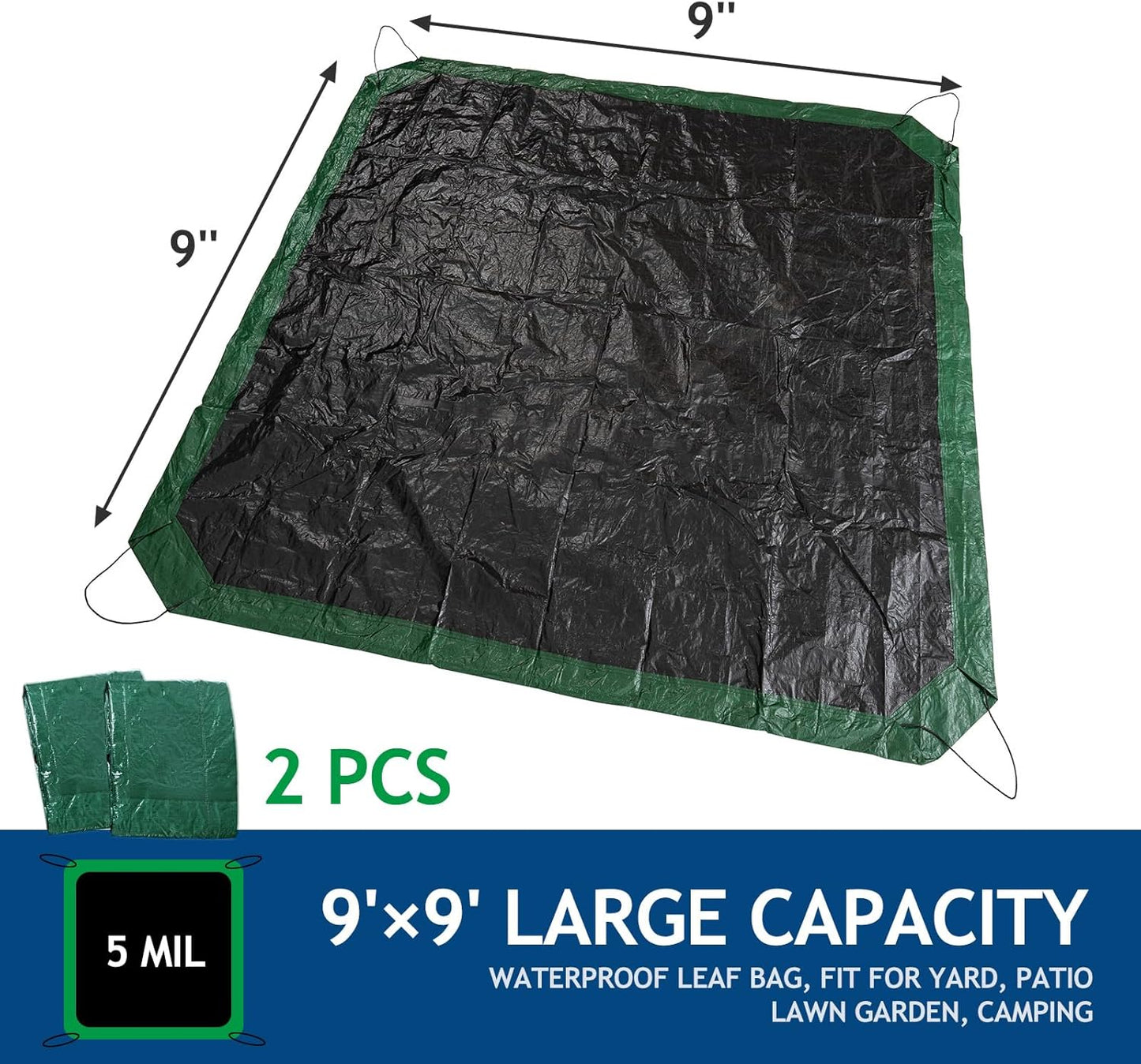 2 Pcs Leaf Tarp 9x9 Feet, Lawn Garden Leaf Tarp with 4 Drawstrings, Reusable Waterproof Poly Tarp Yard Waste Bags, All Purpose Protective Cover for Bikes, Furniture Cover, Tent Footprint