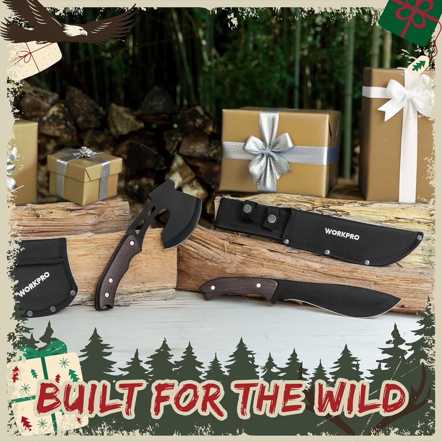 WORKPRO Axe and Fixed Blade Knife Combo Set, Full Tang, Wood Handle, for Outdoor Camping Survival Hunting, Sheath Included