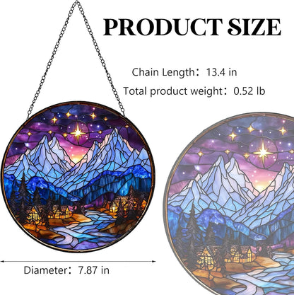 Star City Stained Glass Suncatcher - Handcrafted 7.87 inch Stained Glass Window Hanging with Starry Snow Mountain Pattern, Indoor Winter Decor, a Unique Gift for Coworkers, Friends and Family.