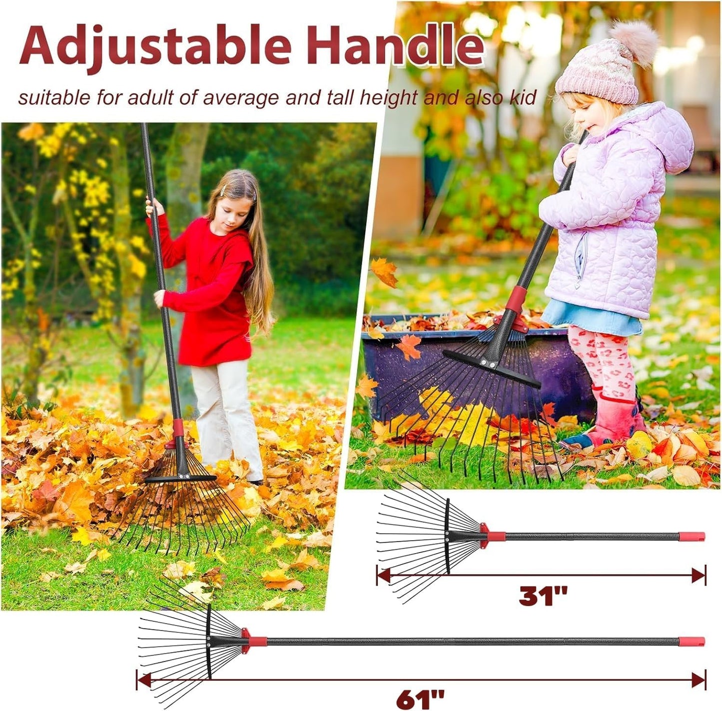 61 Inch Rake for Leaves , Adjustable 18 Tines with Expandable Head 9-18in Grass Rake Heavy Duty Metal Rakes for Women Children Yard Gardener Gardening Grass Debris Lawns