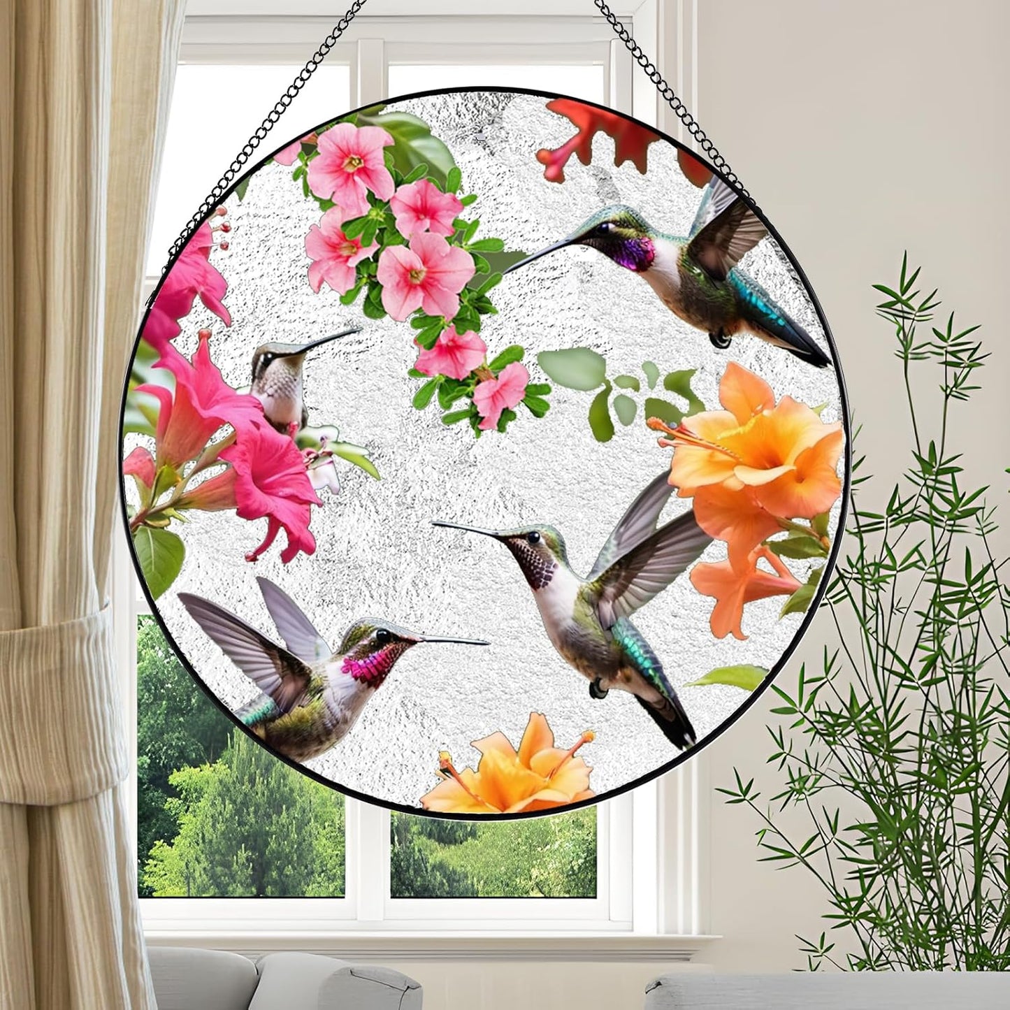 Large Hummingbird Stained Glass Suncatcher,Hummingbird Suncatcher for Window Hanging,Stained Glass Decor with Metal Chain