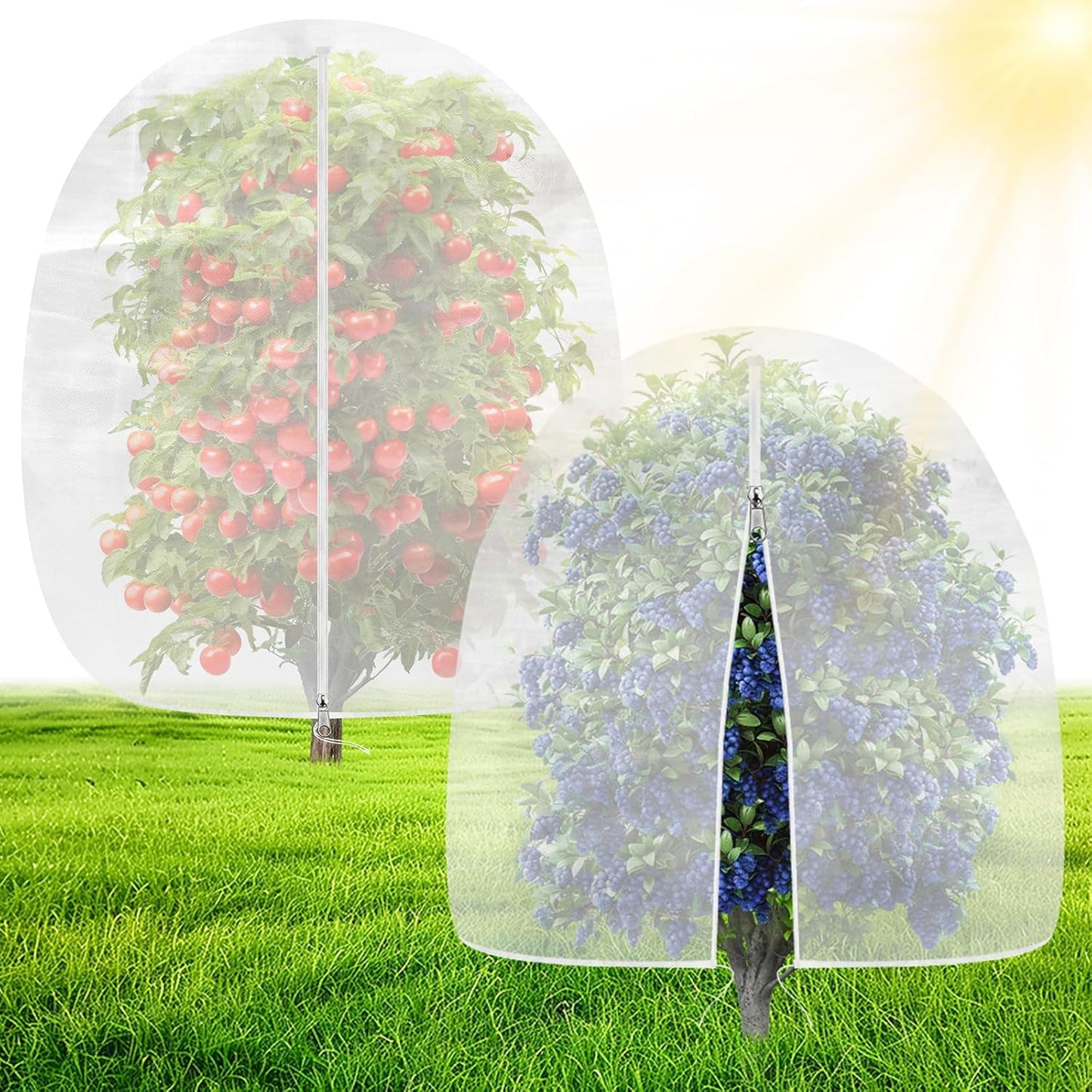 OZMI Large Bird Netting for Garden Blueberry Bushes Fruit Tree Netting Cover 8 x 8 FT, 2 Pack Plant Protection Mesh Bags with Zipper, Shrubs Bush Tomato Strawberry Berry Barrier Protectors Net
