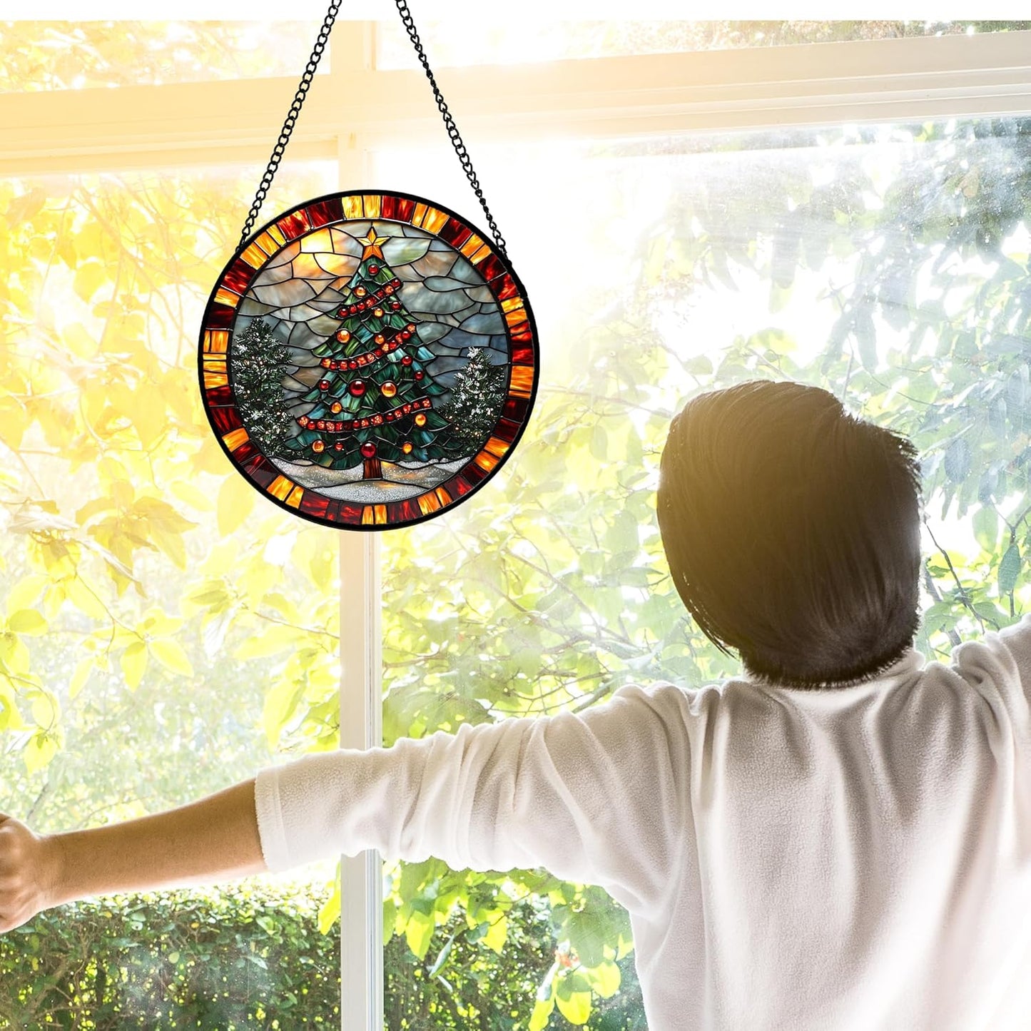 Stained Glass Window Hanging - Winter Christmas Tree Suncatcher Ready to Hang Window Doors Home Decoration, Christmas, Mother's Day Birthday Gifts for Women, Men, and Mom 9.8x9.8 in