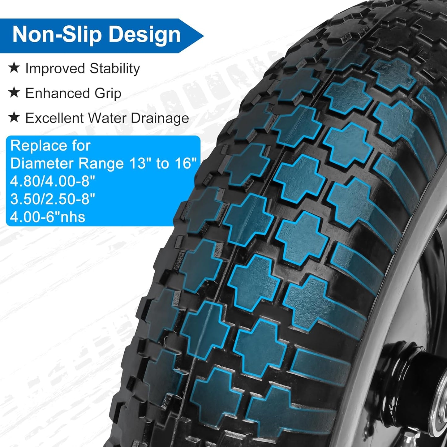 4.80/4.00-8" Flat Free Wheelbarrow Tires and Wheels, 14.5" Universal Fit Solid Tires with 5/8" or 3/4" Bearing, 3"-7" Hub, Adapter Kit Hand Truck Wheels Replacement for 3.50/2.50-8", 4.00-6"etc, 2 PCS