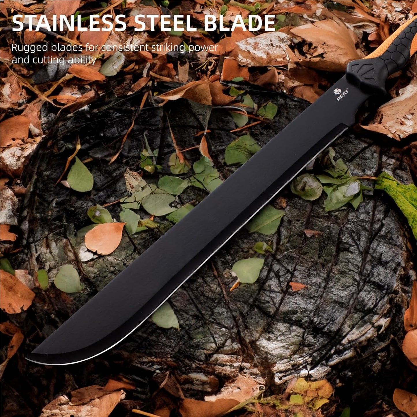 REAT Gardening Heavy Duty Machete,24" Full Tang Machete with Shaeth,Ergonomic No-Slip Handle,Machetes for Bushcraft, Outdoor Hunting, Garden Cutting Trees and Yard Work (Orange)
