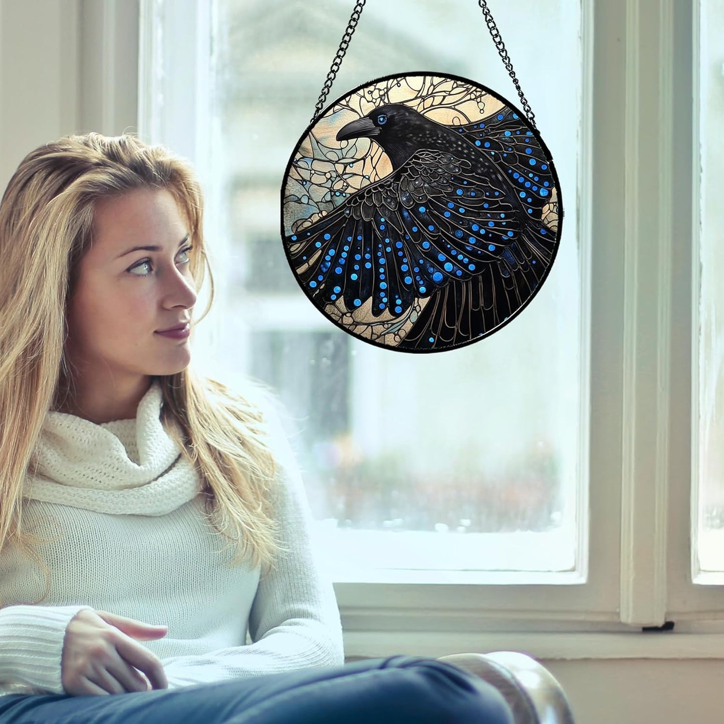 Stained Glass Window Hanging - Black Crow Big Wings Suncatcher for Doors Garden Patio Bird Sun Catchers Decor Christmas Mother's Day Birthday Gifts for Women Men Mom Nana Friend 6.3 in